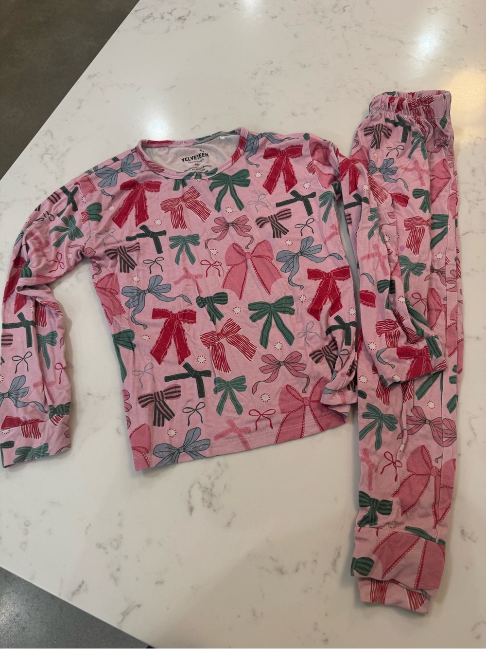 Velvet Pink Bow-Print Kids Pajama Set with Red, Green and Blue Accents